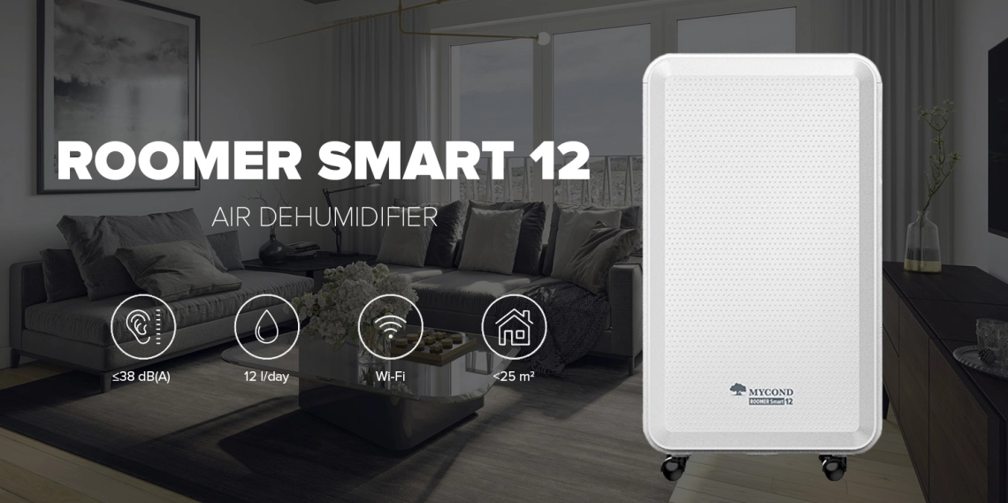 Un dezumidificator MyCond compact Roomer Smart 12 proiectat pentru uz rezidențial în interior.