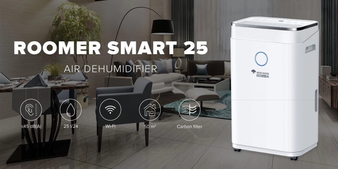 Dezumidificator de aer compact MyCond Roomer Smart 25 pentru camere mari.