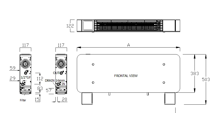 Diagrama dimensiunilor pentru ventiloconvectoarele de podea MyCond silver glass low series.