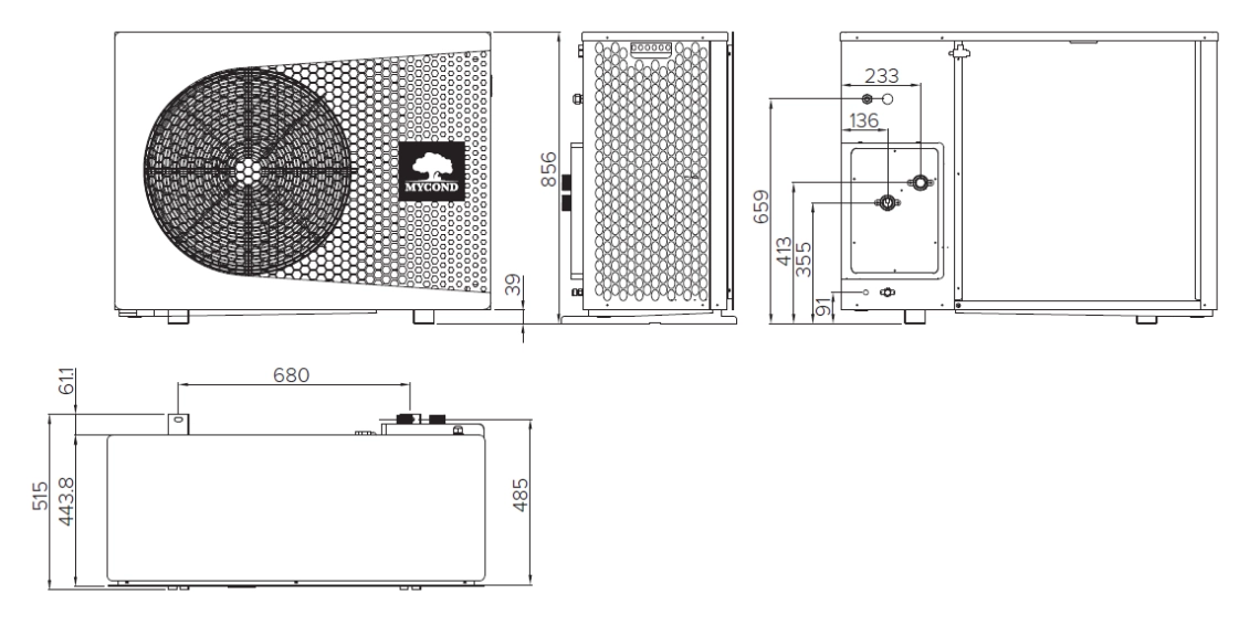 Diagrama care prezintă dimensiunile pompei de căldură compacte monobloc MyCond BeeThermic.