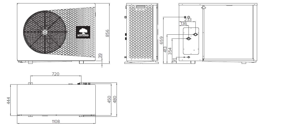 Diagrama dimensională a pompelor de căldură monobloc din seria MyCond BeeThermic.