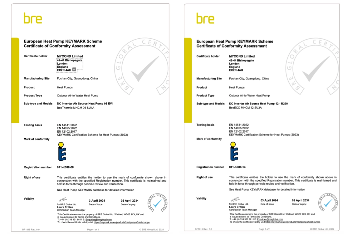 Pompele de căldură Mycond certificate de Keymark pentru conformitatea cu eficiența.