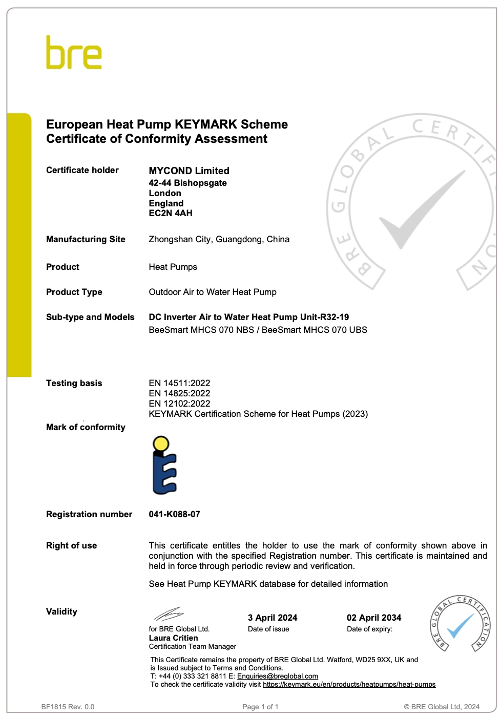 Certificat MyCond BeeSmart All-in-One KEYMARK