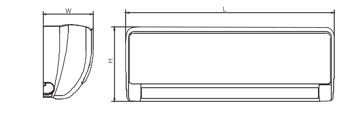 MyCond Diagrama care prezintă dimensiunile ventiloconvectoarelor de perete din seria MHW.
