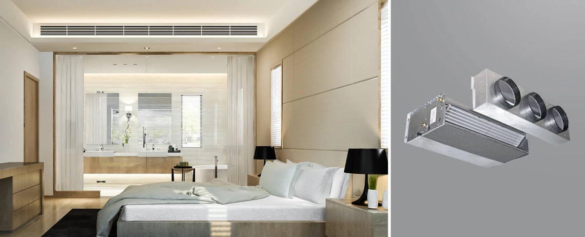 MyCond HPL O cameră de hotel modernă cu o unitate de ventiloconvectoare cu conductă medie ESP.