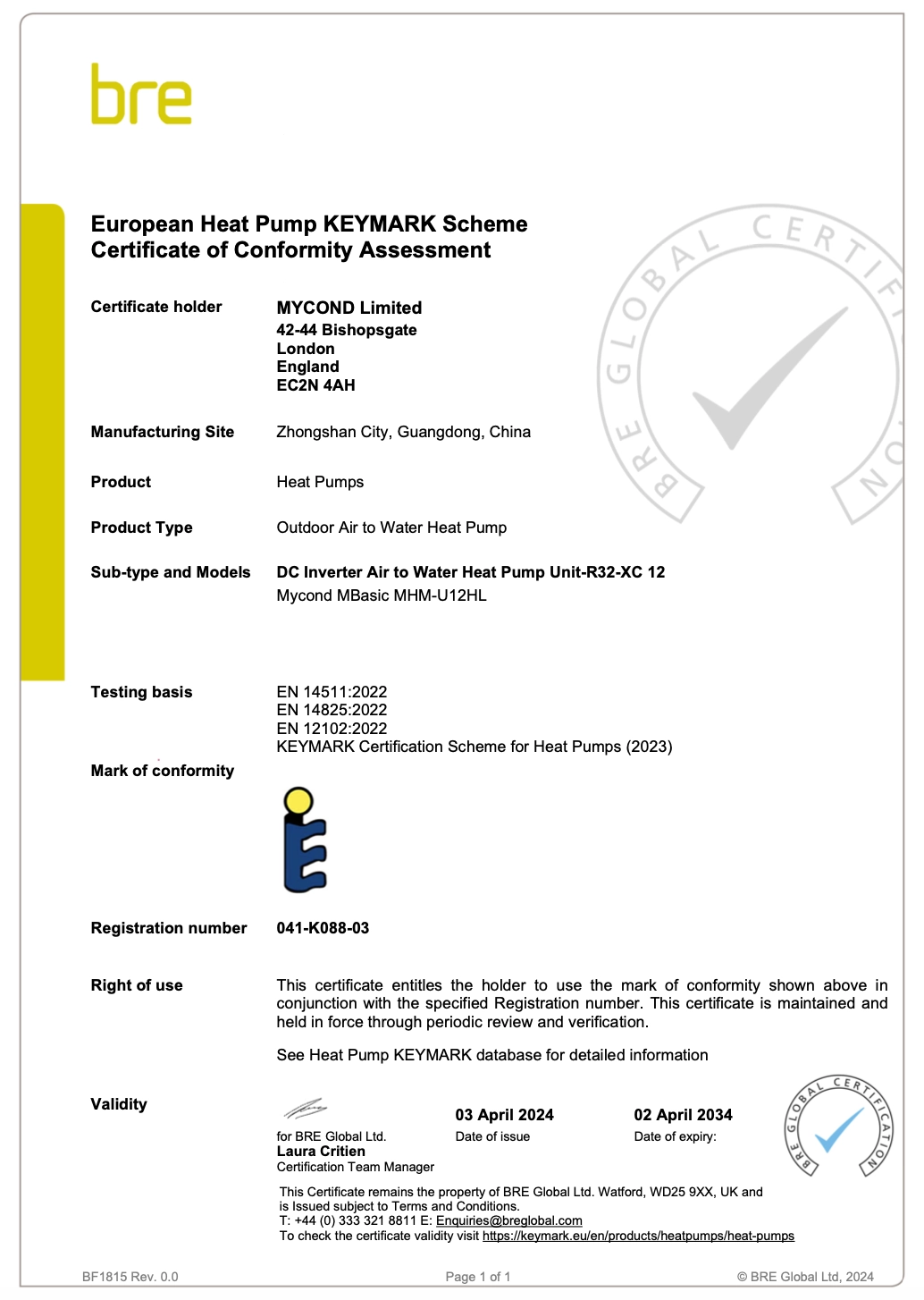 MyCond MBasic certificat de conformitate KEYMARK