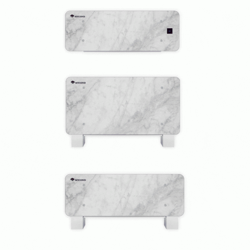 MyCond Silver Glass Wall Ventilconvector modern montat pe perete cu design din sticlă argintie.