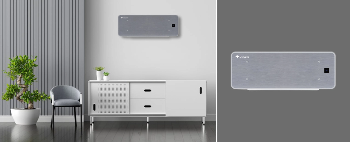 MyCond Silver Glass Wall Ventilconvector ultra-subțire cu design din sticlă argintie și comenzi intuitive.
