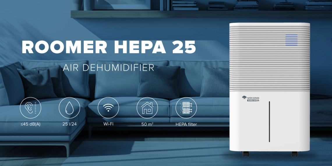 Dezumidificator de aer silențios MyCond Roomer Hepa 25 pentru controlul eficient al umidității.