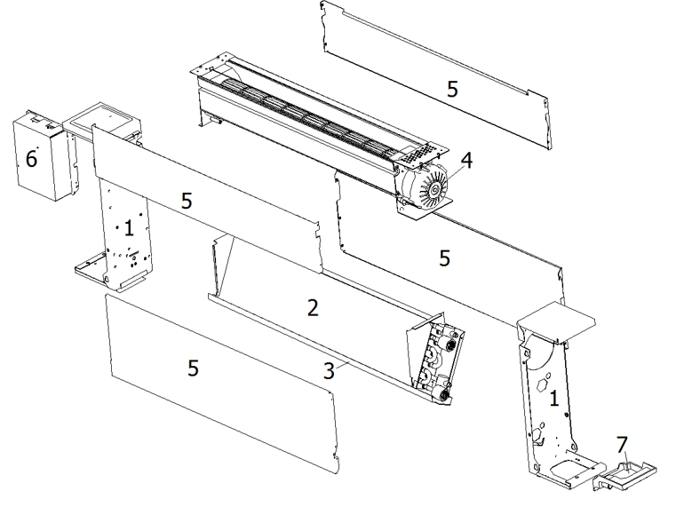 Schema unui ventilconvector ultra-subțire de podea din seria MyCond Silver Glass Low.