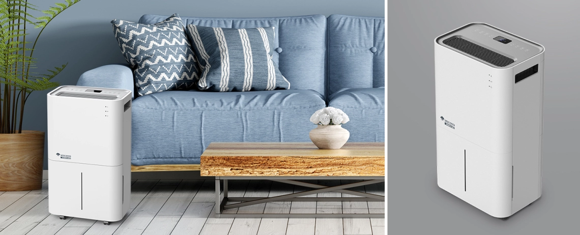 Dezumidificator elegant alb MyCond Roomer Eco 25 în acțiune.