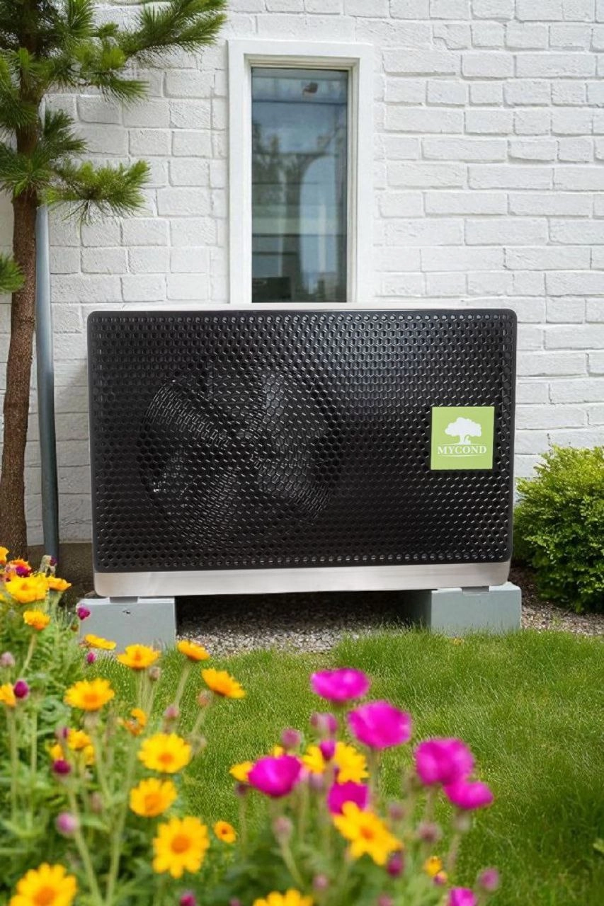 Acestă imagine prezintă o pompă de căldură Mycond BeeSmart, cunoscută pentru operarea sa silențioasă în timpul zilei.
